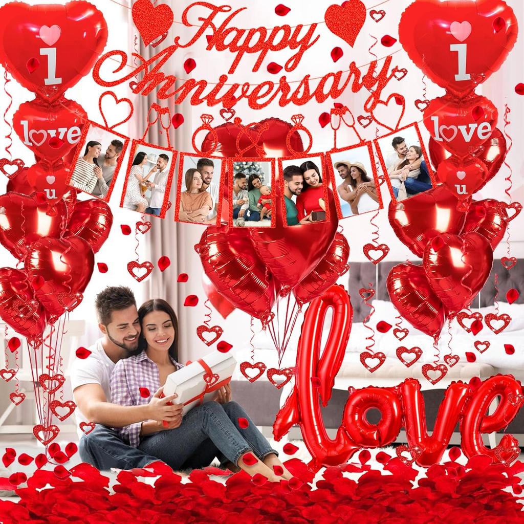 Happy Anniversary Decorations Set - Happy Anniversary Banner and Balloons, Photo Banner, I Love You and Red Heart Balloons with Rose Petals for