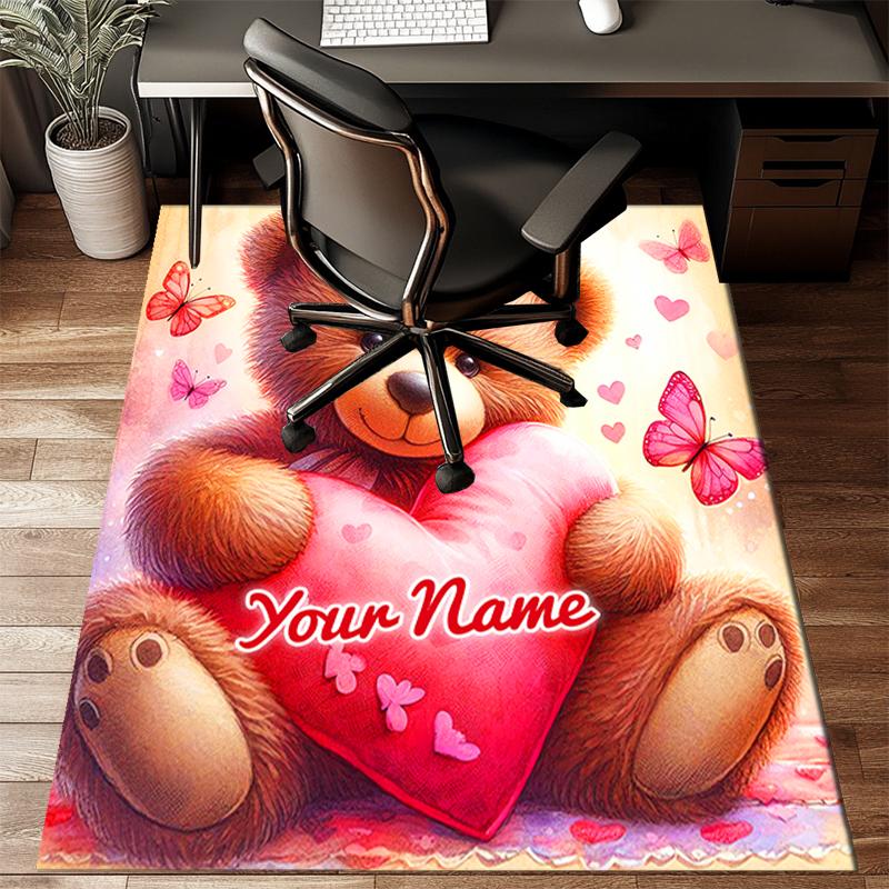 1PC Custom Name Teddy Bear Heart Theme Floor Mat Ideal for Living Room, Game Rooms, Office, Bedroom,Floor Mat Playful Design