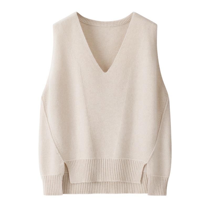 100% Pure Cashmere Women's Sleeveless V-Neck Cardigan, Inner Mongolia Wool Knit Vest
