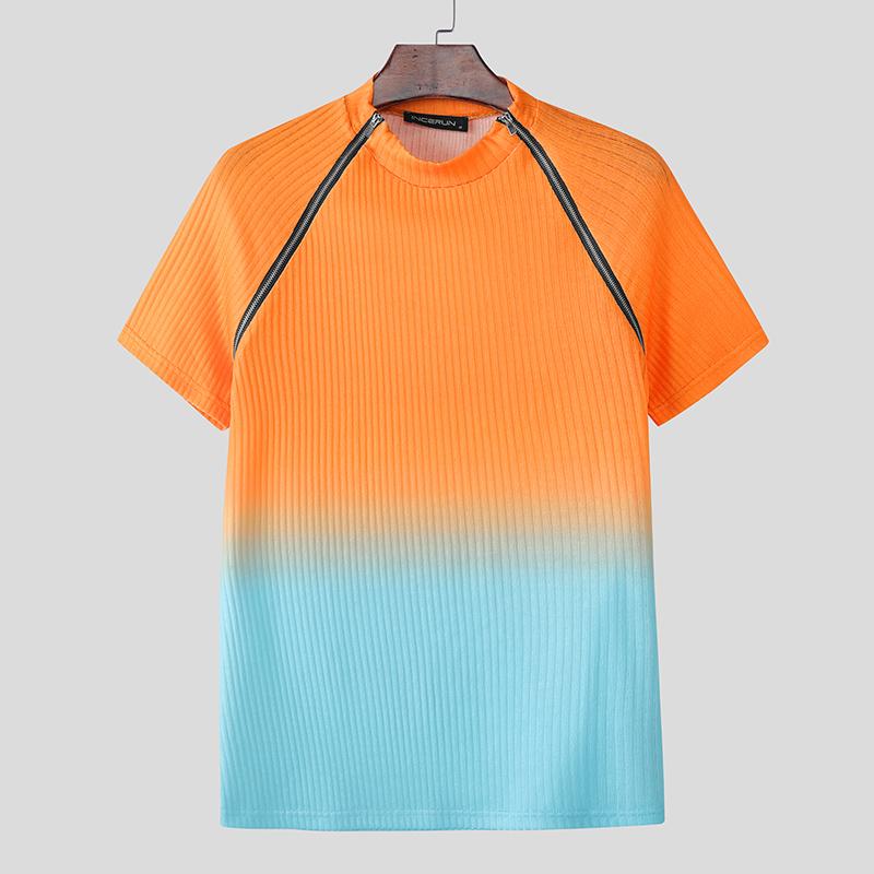 

INCERUN Men Short Sleeve Zip-up Gradient Rib T-shirts Tops 5XL оранжевый