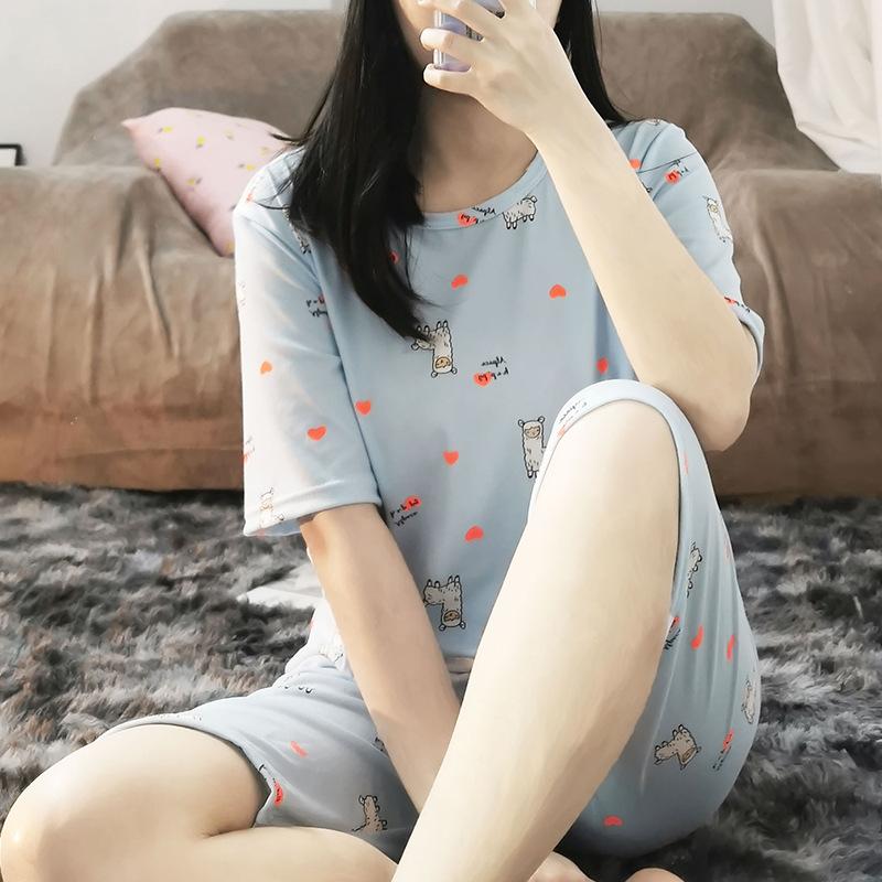Korean New Short-sleeved Cropped Pants Homewear Suit Summer Thin Pajamas Women's Simple Casual Style Can Be Worn Outside