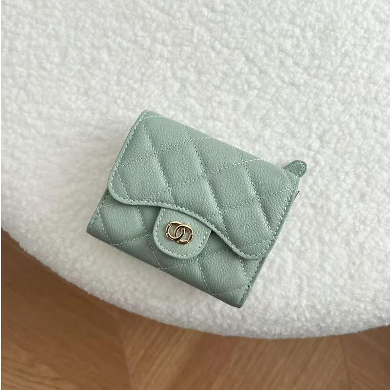 2026 New Caviar Patterned Cowhide Long Three Fold Wallet Hand-held Bag Chain Strap Crossbody Genuine Leather Women's