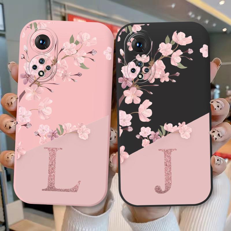 Initial Letter Silicone Case For Huawei Nova 9 Honor 50 Shell Retro Pink Flower Soft TPU Back Cover For Honor 50 Nova9 Capa