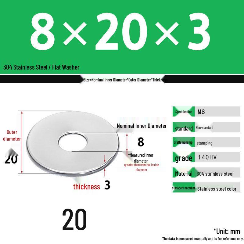 304 Stainless Steel Thickened Flat Washer Set, Sizes 2-36