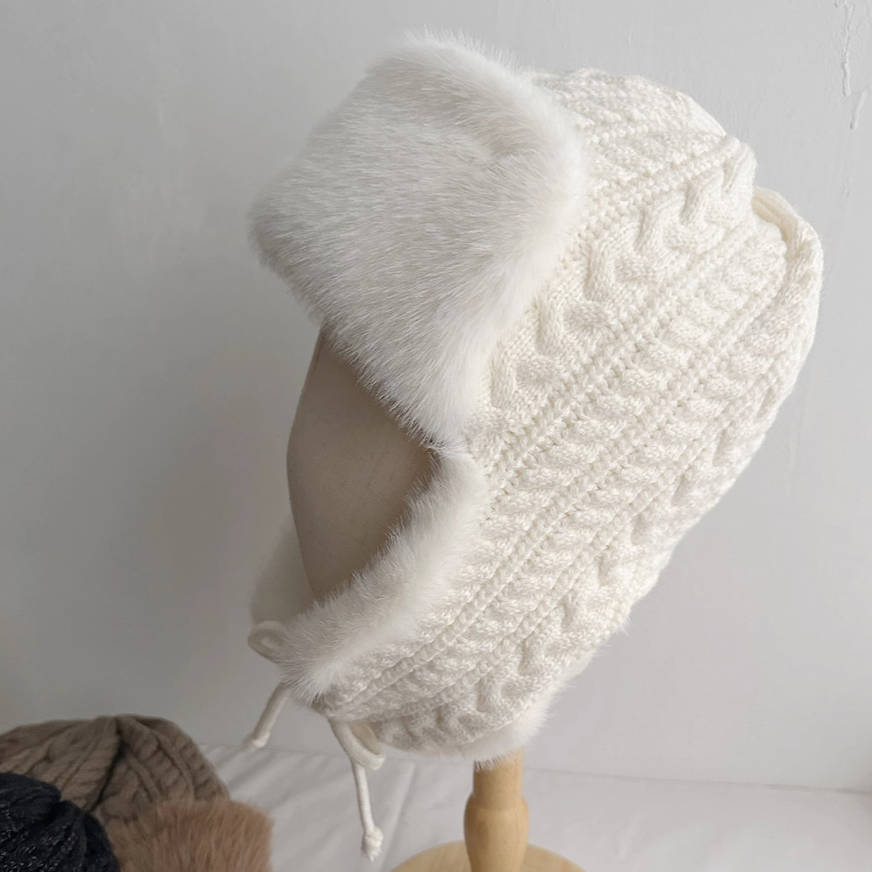

Winter Woolen Lei Feng Hat For Women, Korean Version, Versatile, Thickened Plush Warm Ear-protecting Hat With Rope Design, Cold-proof Headscarf. One Size