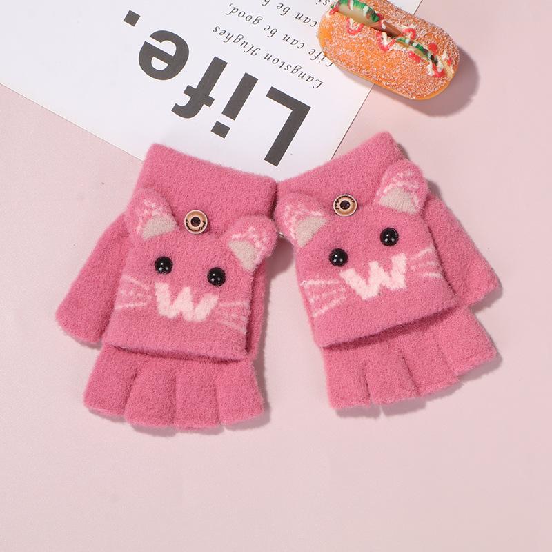 New Children's Knitted Finger Gloves Winter Boys and Girls Warm Fleece Thickened Cartoon Half Finger Flip Gloves