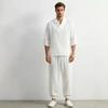 Mens Chinese Style Loose Cotton Linen Two Piece Set V Neck T Shirt Long Pants
