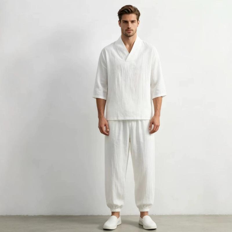 Mens Chinese Style Loose Cotton Linen Two Piece Set V Neck T Shirt Long Pants