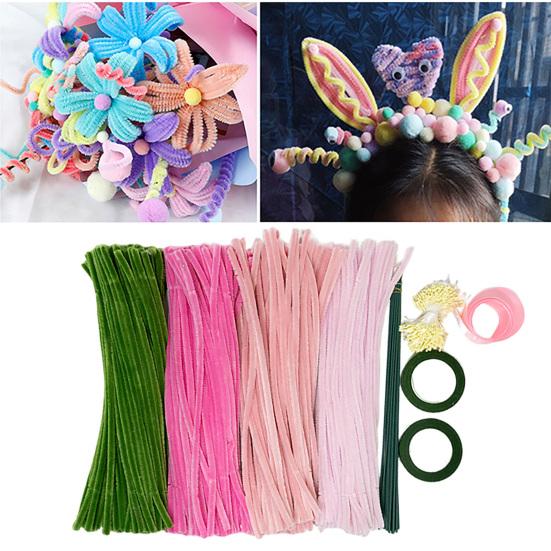 1 Set Pipe Cleaner Flower Material Kit with Stem Stamens Tape Ribbon 4 Colors Chenille Stem Twist Stick Handmade Tulip Flower Decoration DIY