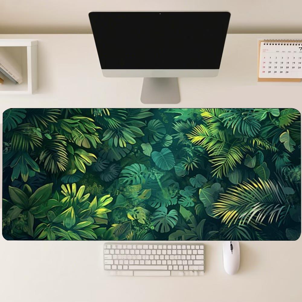 Desk Mat Vintage Golden Tropical Jungle Leaf Print Stitched Edge Anti‑Slip Rubber Base for Gaming Working Home Office Table Use