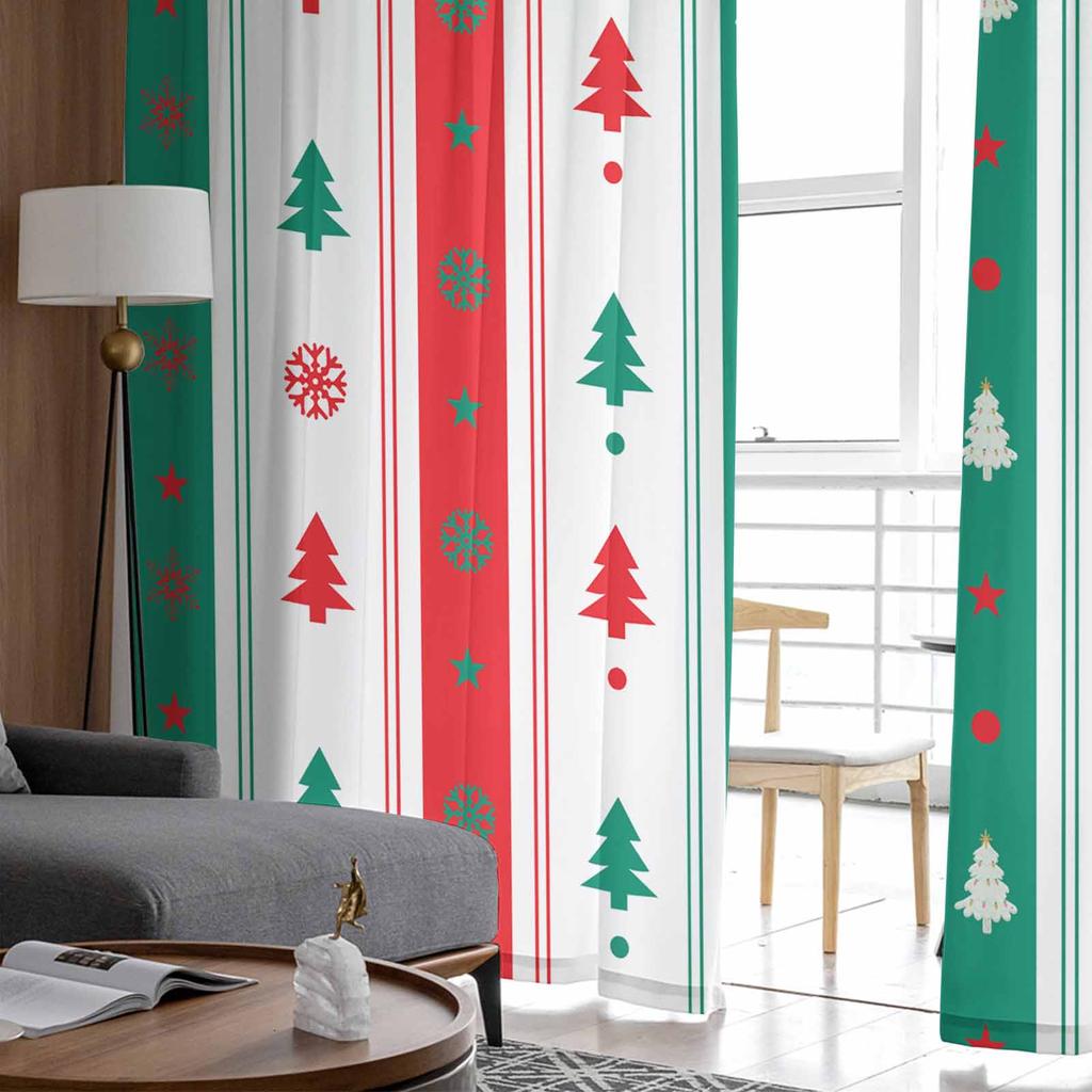 Christmas Tree Striped Snowflakes Sheer Curtains for Kids Bedroom Living Room Voile Window Curtains Tulle Drapes