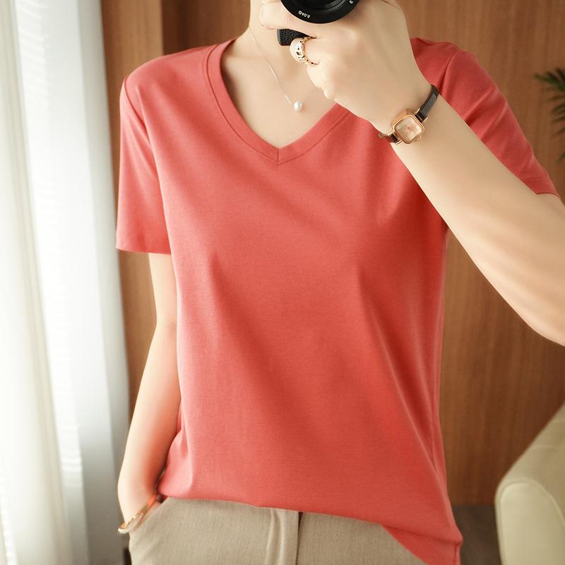 V-neck T-shirt for Women Mercerized Cotton T-shirt for Cotton Thread Short-sleeved Summer Updated Slim Versatile Half-sleeved Top
