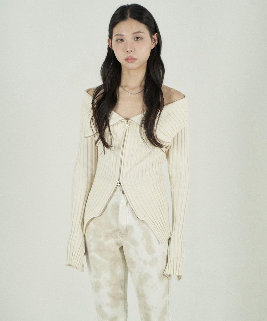 Tobaseu Off-Shoulder Two-Way Zip-Up Rib Knit (Ivory)