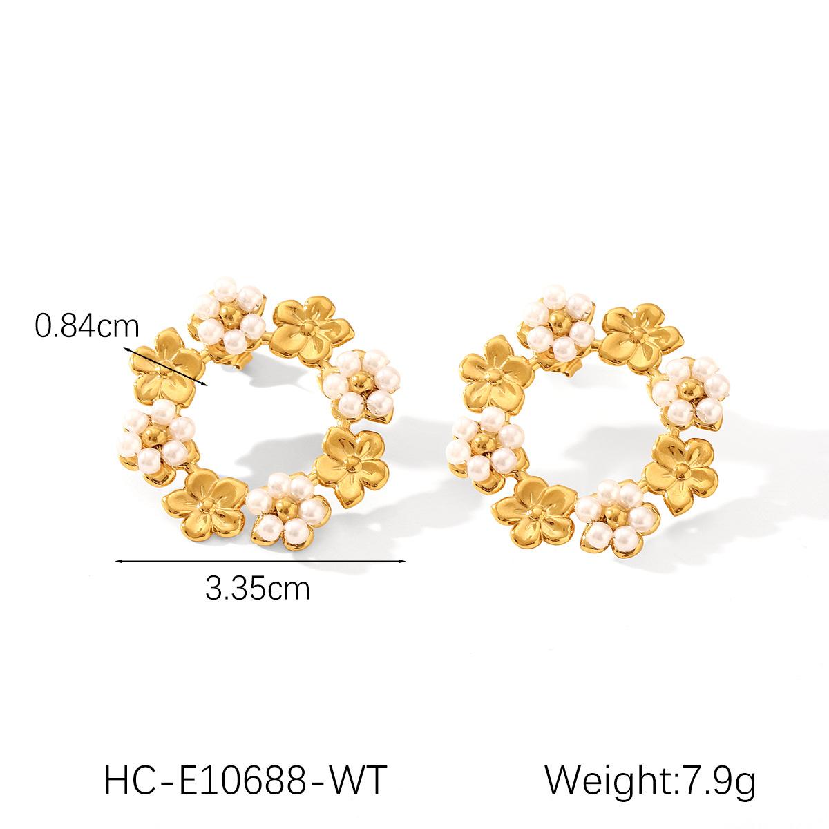 

French Style 18K Gold Stainless Steel Round Hoop Flower Beaded Pearl Stud Earrings, Stylish Titanium Steel Jewelry for Women білий