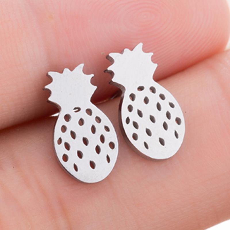 SMJEL Summer Cherry Earrings Ladies Stainless Steel Fruit Stud Earrings Small Watermelon Apple Pineapple Unique Zircon Gift