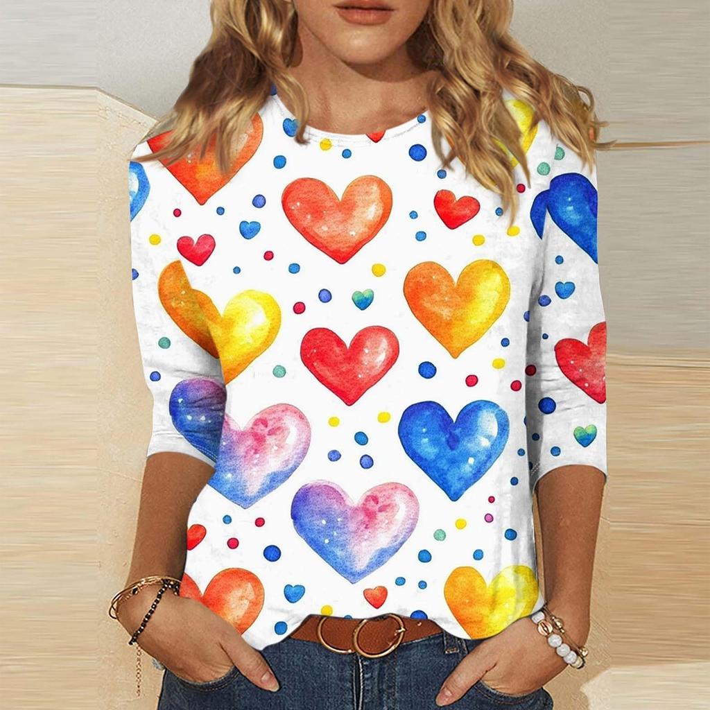 Women's Fashion Casual Round Neck 3/4 Sleeve Loose Printed T-Shirt Ladies Top