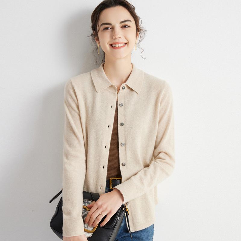 Women's 100% Cashmere Polo Neck Sweater - Loose Long Sleeve Knit Cardigan for Autumn and Winter