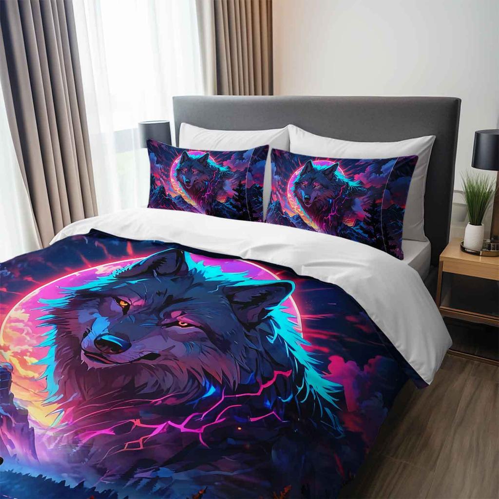 3pcs Wolf Animal Bedding Duvet Cover Set Aurora Bedding Quilt Set Wild Wolf Themed Bed Quilt Set Animal Landscape Bedroom Decor