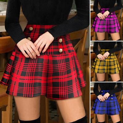 Button-Decorated Skirt Elegant Plaid Print Fashionable Soft And Breathable Polyester Material High Waist Pleated Skirt for Women