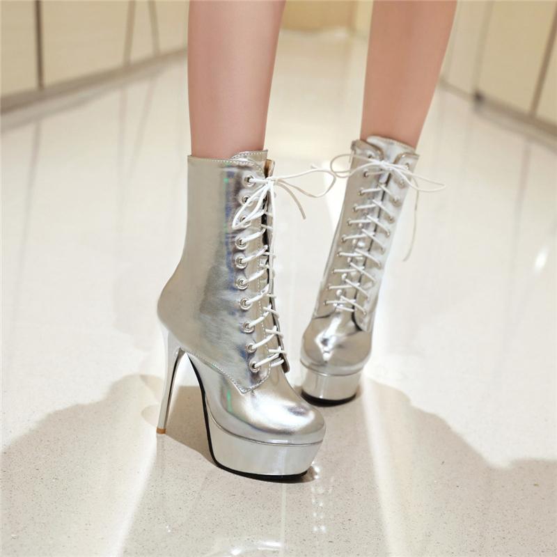 Fashion Fashio Stiefeletten Frauen Plattform Sexy High Heels Kurze Stiefel Gold Silber Rosa Lace Up Fetisch Party Schuhe Frau Große Größe