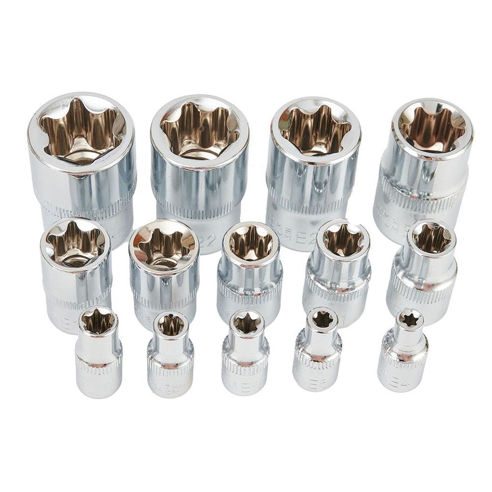 14pcs Female E Star Torx- Socket Set E4-E24 External Hex Socket Insert Nut Versatility Combination Sockets 1/2 3/8 1/4 Drive