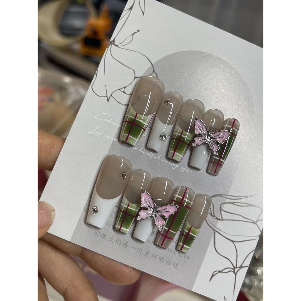HANDMADE Artificial Nail Plaid alloy Pink Butterfly Long Trapezoid Phototherapy Nails Fake Nails Reusable and Removable Nails