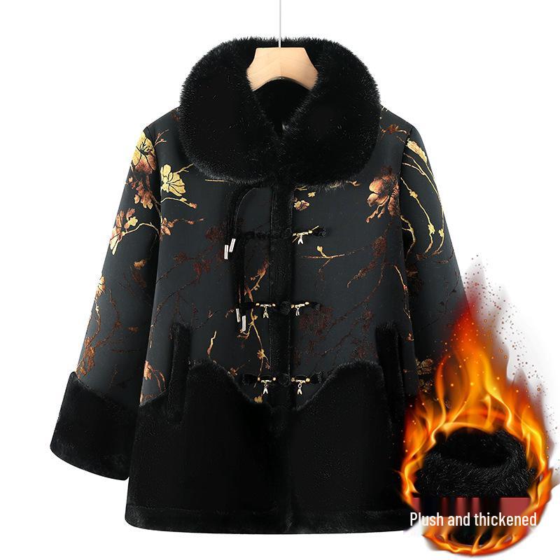 Warm Winter Fleece Coat for Elderly Women - Fur Collar, All-in-One Design