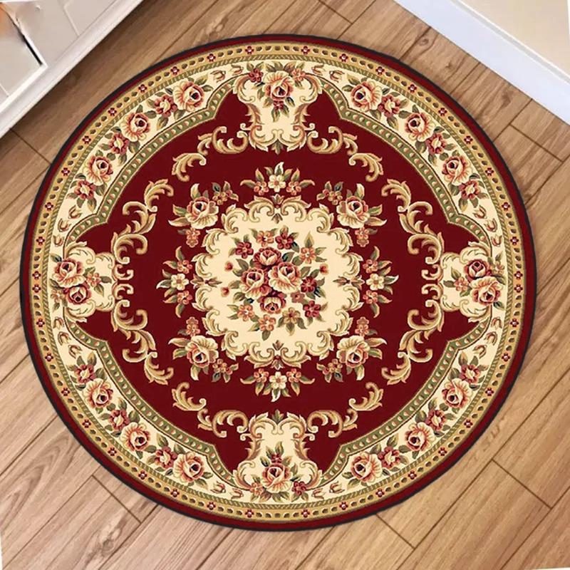 Classic Blossom Round Carpet, Intricate Floral Medallion On Crimson with Bohemian Rug Floor Mat for Traditional Parlor Fashion