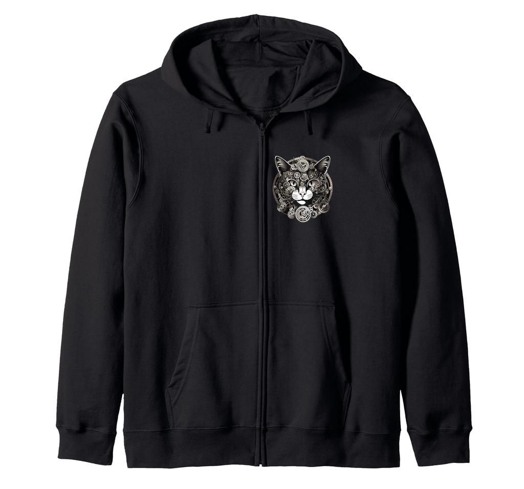 Steampunk Cat Zip Hoodie with Mechanical Gears and Cat Clockwork