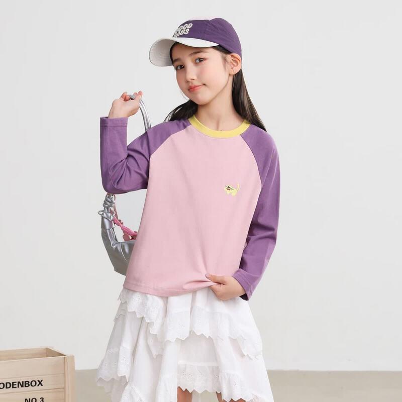 LUSON Girls' Pure Cotton Color-block Raglan Long Sleeve T-shirt