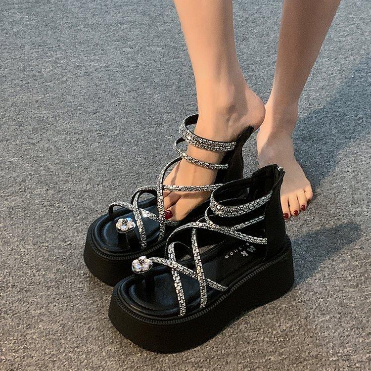 

Mezzanine muffin sandals women s high sense 2025 summer new versatile small man thick-soled heightening Roman rhinestone sandals 35 чорний