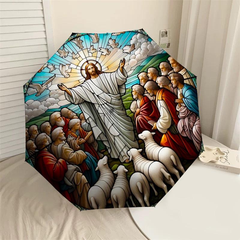 

1PC Jesus Christ, Stained GlassAutomatic Open/Close Umbrella with Windproof, 8-Rib Sturdy Canopy, Durable Ribs, Fashionable Design1257A