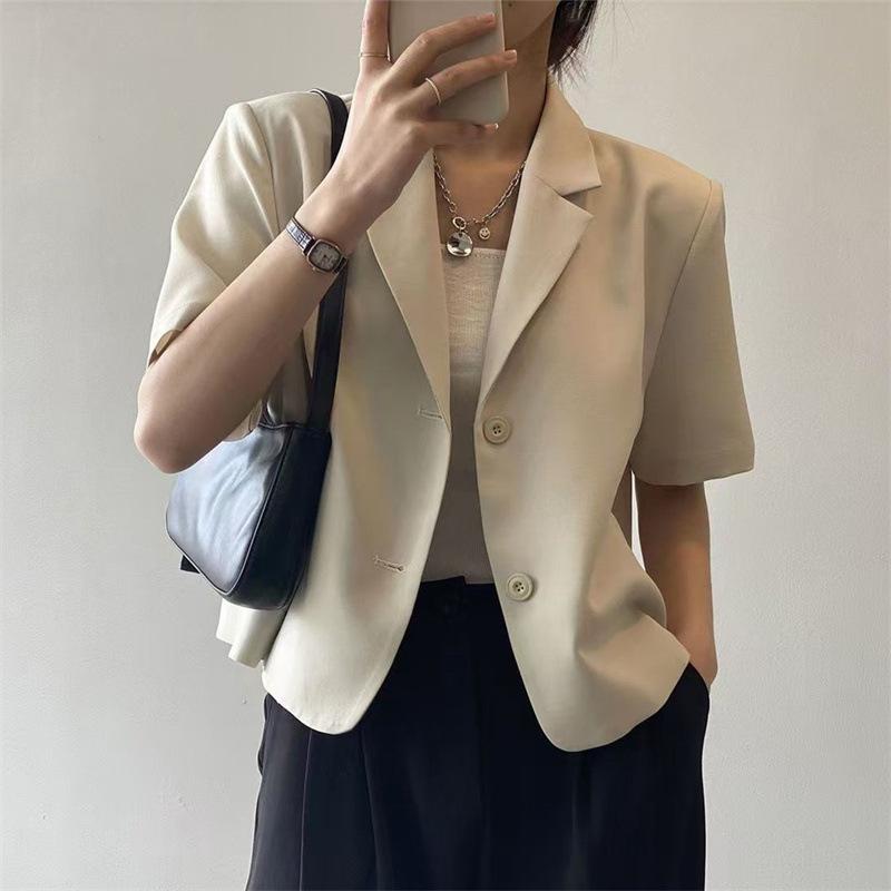 Women Cropped Short Sleeve Blazer Lapel Single Breasted Casual Office Suit Jacket Elegant Commuter Outerwear