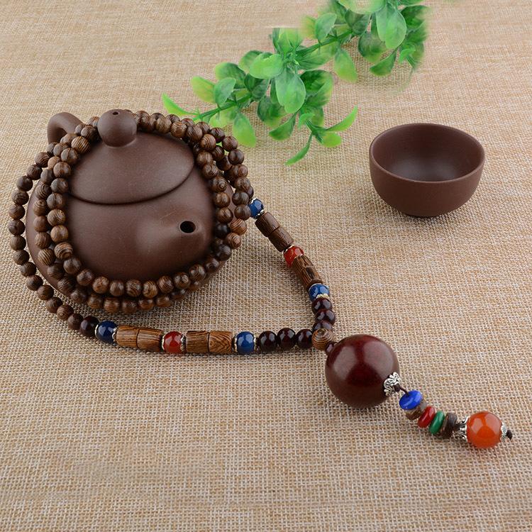 Vintage Etniska Kläder Accessoarer Tröjkjede Lindbladshänge Lång Trätröjkjede