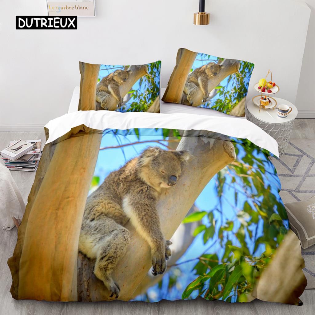 Koala Duvet Cover Set Microfiber Australia Animal Comforter Cover Queen for Kids Boy Girl Funny Lovely Koala On Tree Bedding Set