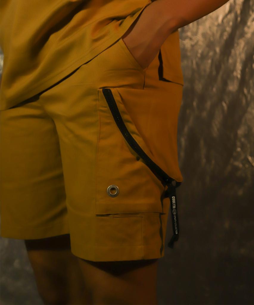 CODE I'M Utility Diagonal Zipper Pocket Gabardine Shorts Mustard