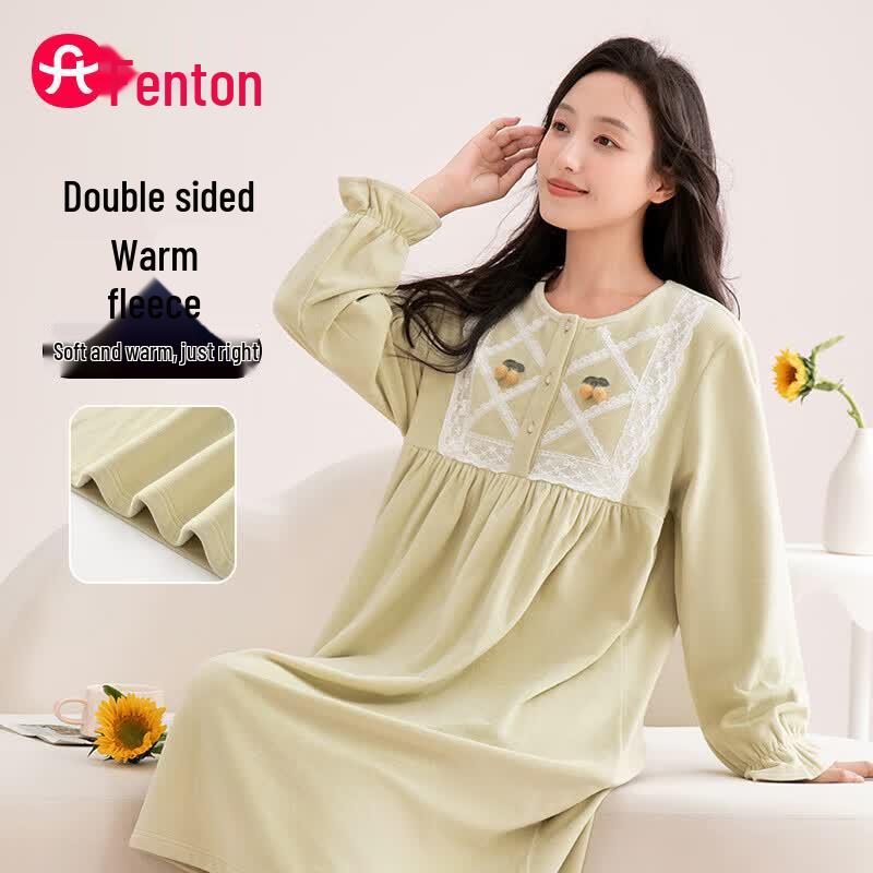 Fenteng Women s Double-Sided Warm Fleece Sleep Dress L