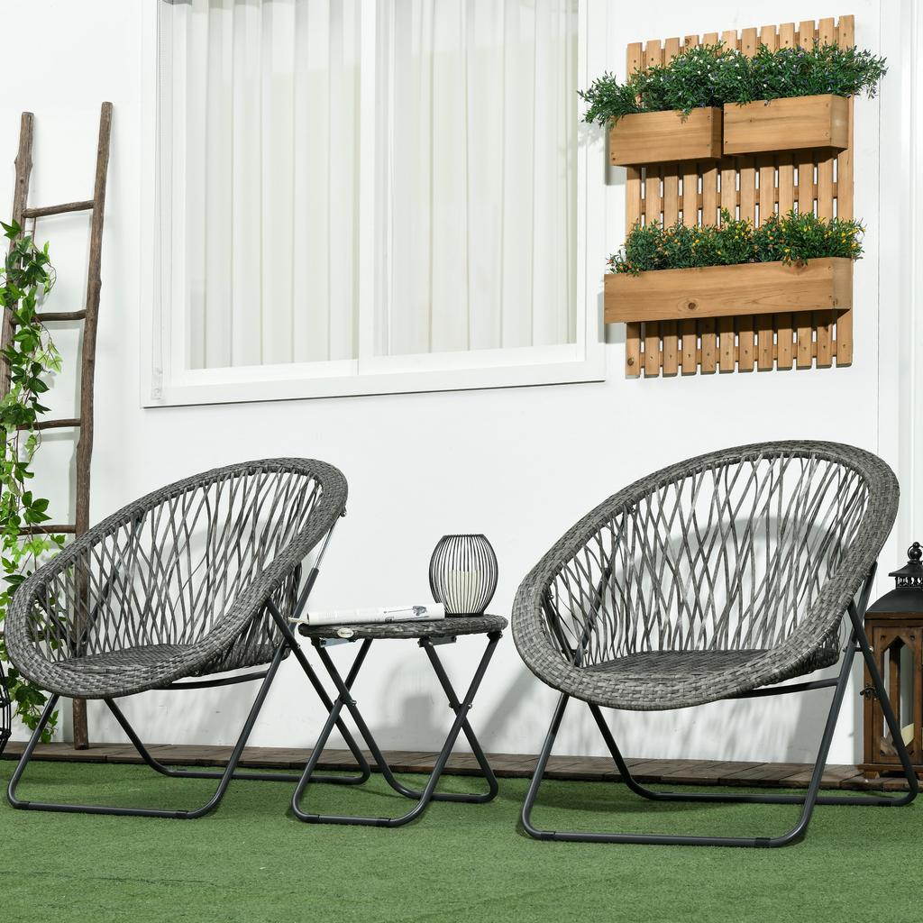 Garden Furniture Set, 3-Piece, Rattan Look, 2 Chairs, 1 Table, Foldable, Grey