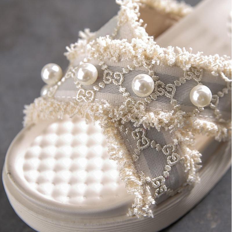 Women Solid Color Pearl Slippers Ladies Middle Heel Anti-slip Soft-sole Comfortable Thick Bottom Beach Sandals Footwears