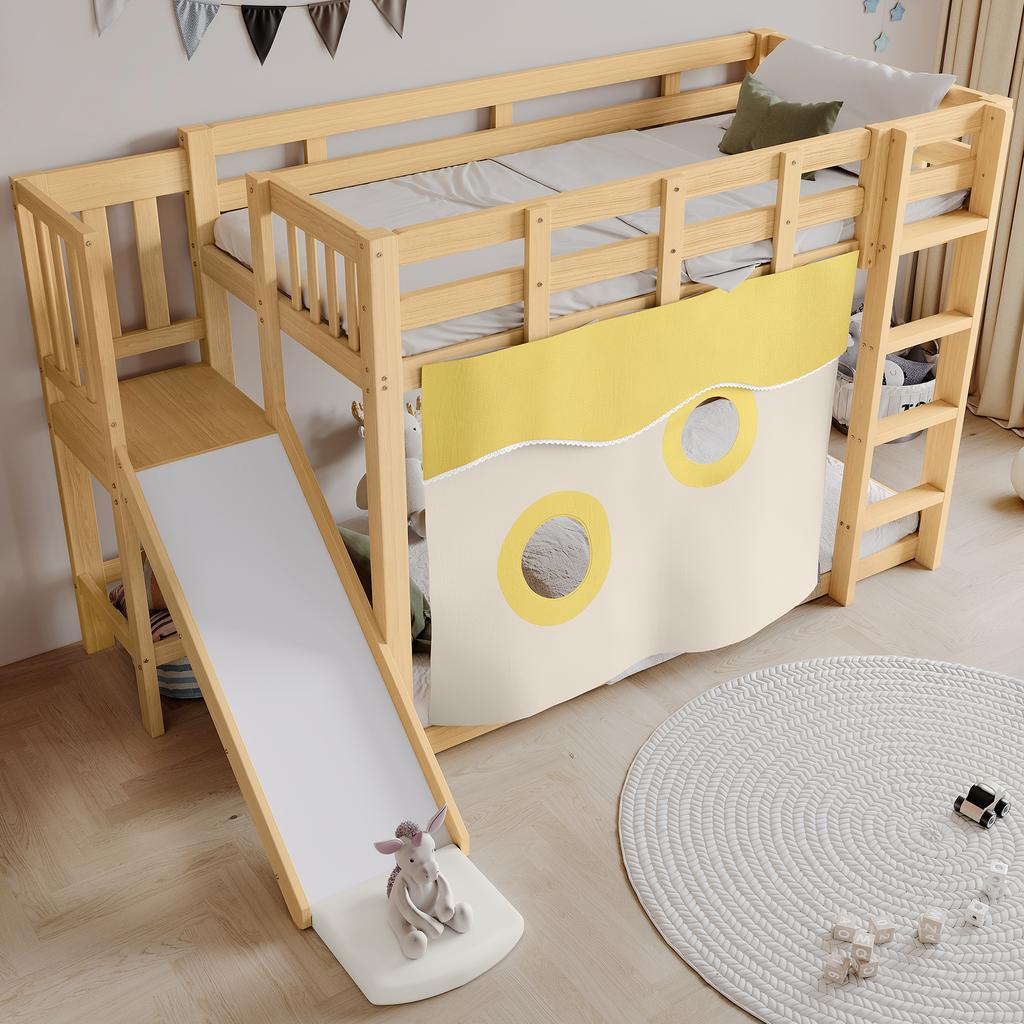 Bunk Bed, Wooden Bed with Stairs and Fences, with Bed Curtain, Slide, Children's Bed with Fall Protection and Guardrail, MDF+Pine, Natural, 90x200cm