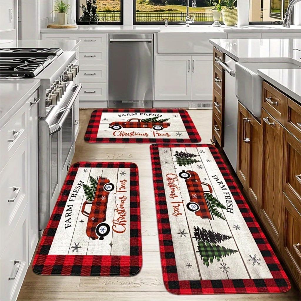 Christmas Red Plaid Pickup Truck Tree Snowflake Kitchen Rug Set Non Slip Washable Floor Mat Indoor Holiday Decor