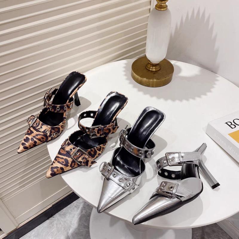 Nuova Moda Fibbia Cintura Motivo Leopardo Tacchi Alti a Spillo, Pantofole Baotou Argento Europee e Americane, da Donna