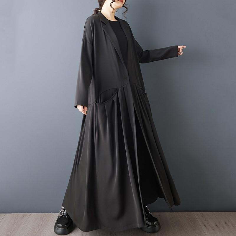 Długi rękaw oversize vintage Czarny casualowy luźny jesienno-wiosenny trencz dla kobiet Odzież wierzchnia