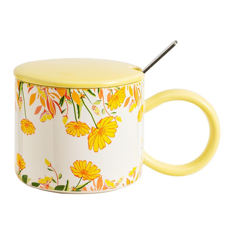 Cupa Ceramică Japoneză cu Flori Pastorale, Proaspătă de Vară și cu Linguriță Acoperită, Cană Ceramică de Birou, Cadou