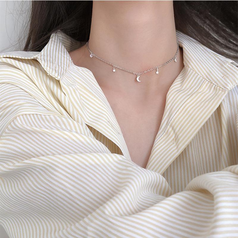 2026 Argento Sterling 925 Lucido Zircone Luna Stella Collana Choker Ciondolo Fascino Catena Lunga Cristallo CZ Collana Donna Matrimonio Gioielli Raffinati