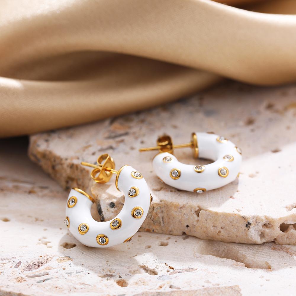 

Exquisite Shining Tiny Zircon Stainless Steel Hoop Earrings for Women White Black Enamel Color Small Hoops Zircon New Trend