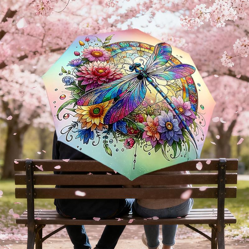 1PC Dragonfly FlowersAutomatic Open/Close Umbrella with Windproof, 8-Rib Sturdy Canopy, Durable Ribs, Fashionable Design, Outdoor Accessory, Fun Prin,