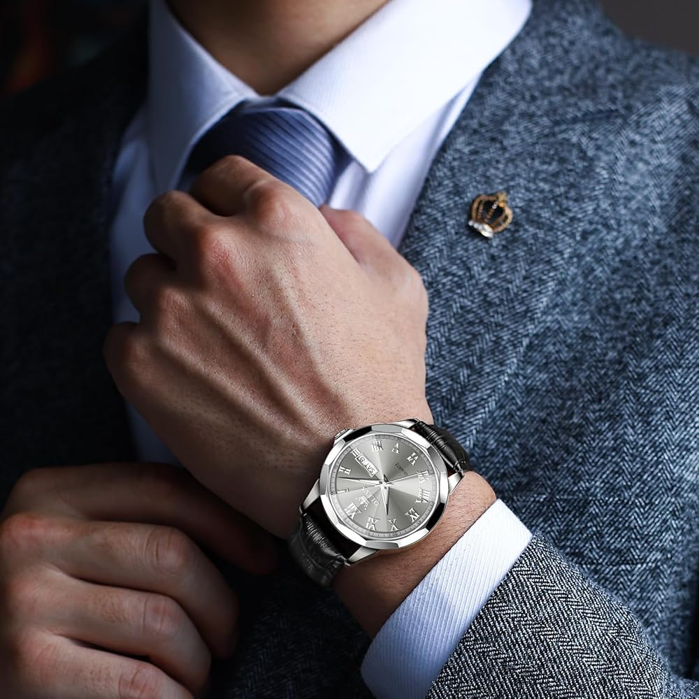 OLEVS Men's Analog Quartz Watch Black Waterproof Leather Strap Date Display Stylish Business Casual Lightweight