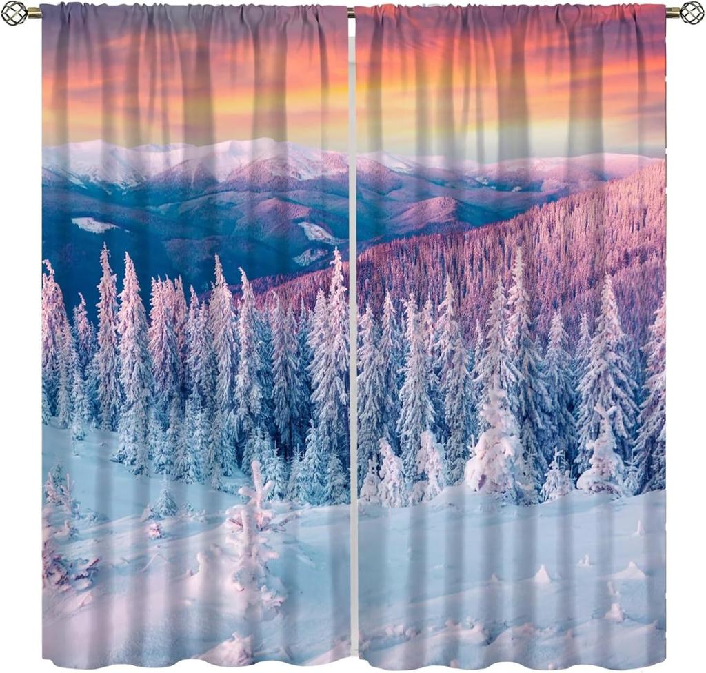 Winter Forest Curtain Natural Landscape Snow Covered Tree Window Curtains Living Room Bedroom Kitchen Office Cafe Blackout Polyester Ideal For Great