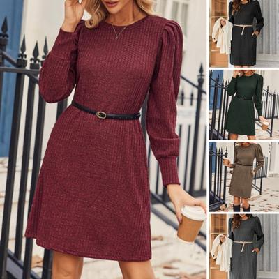 Women's Fall Crew Neck Sweater Dress Long Lantern Sleeve Short Dress Casual Knit Pullover Mini Dress with Pockets